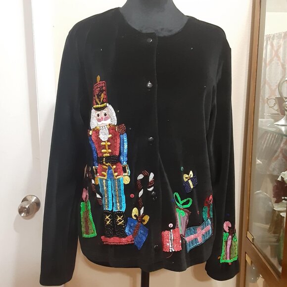 Michael Simon Event Medium Nutcracker Christmas Black Velvet Cardigan Sweater - Picture 1 of 16